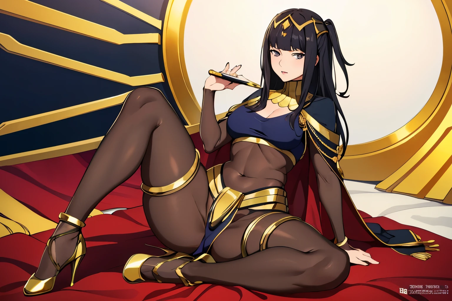 (the golden ratio,masutepiece, of the highest quality, Best Quality, Beautiful and aesthetic:1.2), ighly detailed, Colorful,highest details, (Adults,age19,1girl in, Solo, Body stocking has gold lining, Gold collar, Gold loincloth, Hair Ornament, Cape, high-heels,Black full-body stockings, Black full-body stockings, Black full-body stockings, thighs thighs thighs thighs, TharjaV4, 1girl, solo, , footjob,deride you