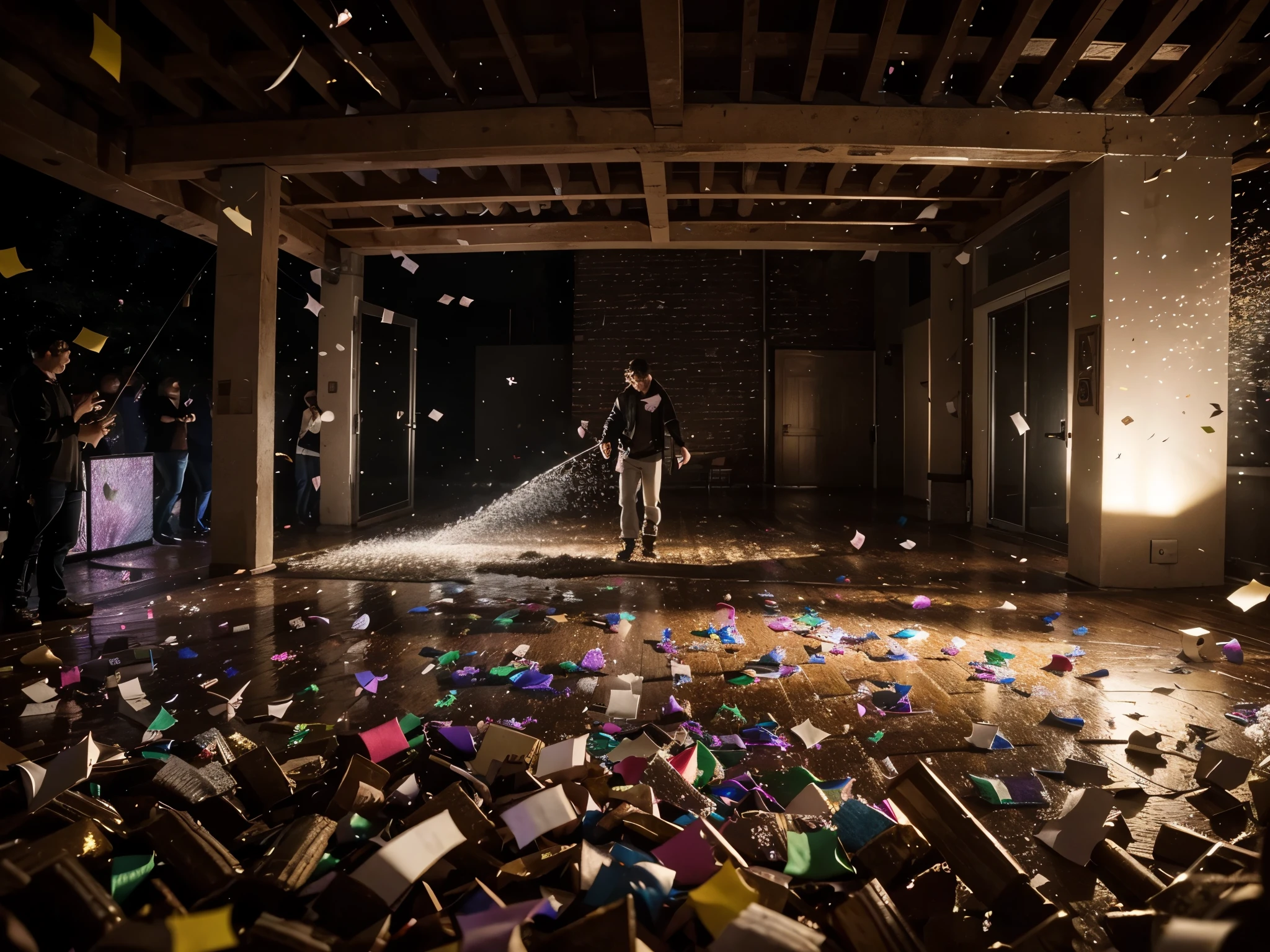 (masterpiece, best quality), best resolution, raining confetti at a party, extreme wide shot