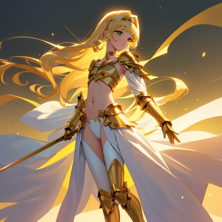 {{{{amazing quality, great quality, high quality, very aesthetic, aesthetic, best quality}}}},
realistic, photo, shadow, Three-dimensional, absurdres, Digital art,
{{{{Princess Knight}}}}, beautiful girl, one girl,
blonde hair, long straight hair, hair, trimmed hair, shiny hair, blunt bangs, short sideburns,
green eyes, tareme,
{{flat chest}}, {{small breasts}}, {{detailed body}}, slim thighs, thin thighs,
{{{white full body tights}}}, {{{white underwear}}},
{golden bikini armor}, {golden arm armor}, {golden leg armor},
{covered navel}, {visible chest}, {both shoulders expose},
heart brooch, heart-shaped choker on left arm, white headband, white circlet, white cloak, sword,