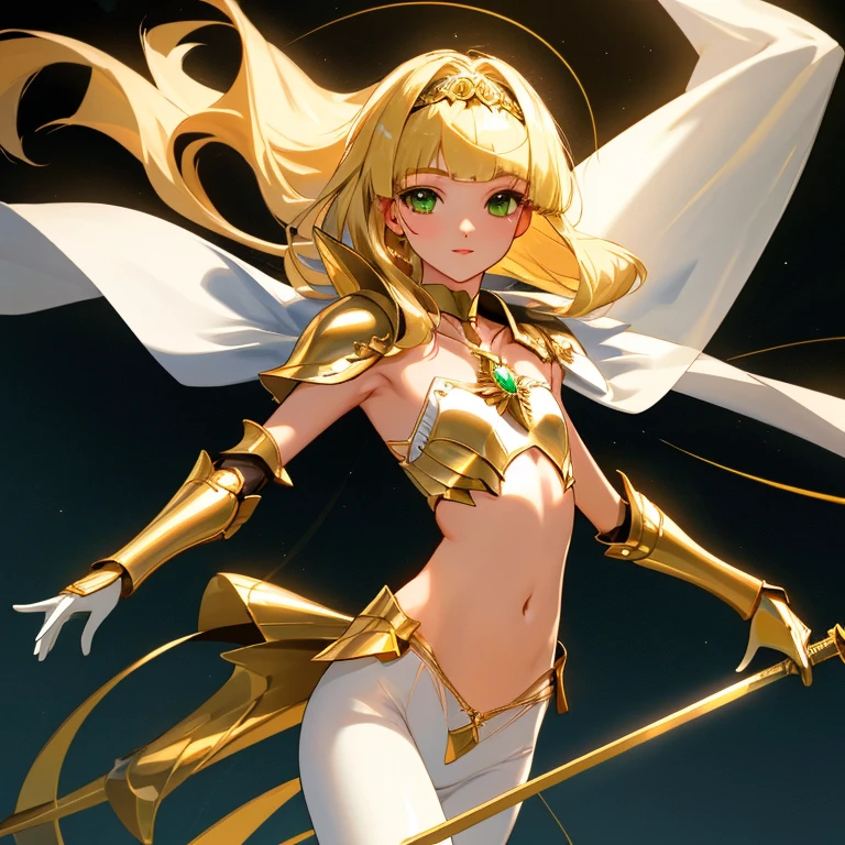 {{{{amazing quality, great quality, high quality, very aesthetic, aesthetic, best quality}}}}, 
realistic, photo, shadow, Three-dimensional, absurdres, Digital art, 
{{{{Princess Knight}}}}, beautiful girl, one girl, 
blonde hair, long straight hair, hair, trimmed hair, shiny hair, blunt bangs, short sideburns, 
green eyes, tareme, 
{{flat chest}}, {{small breasts}}, {{detailed body}}, slim thighs, thin thighs, 
{{{white full body tights}}}, {{{white underwear}}}, 
{golden breastplatered}, {golden chest armor}, {golden arm armor}, {golden leg armor}, 
covered navel, Visible chest, 
heart brooch, heart-shaped choker on left arm, white headband, white circlet, 