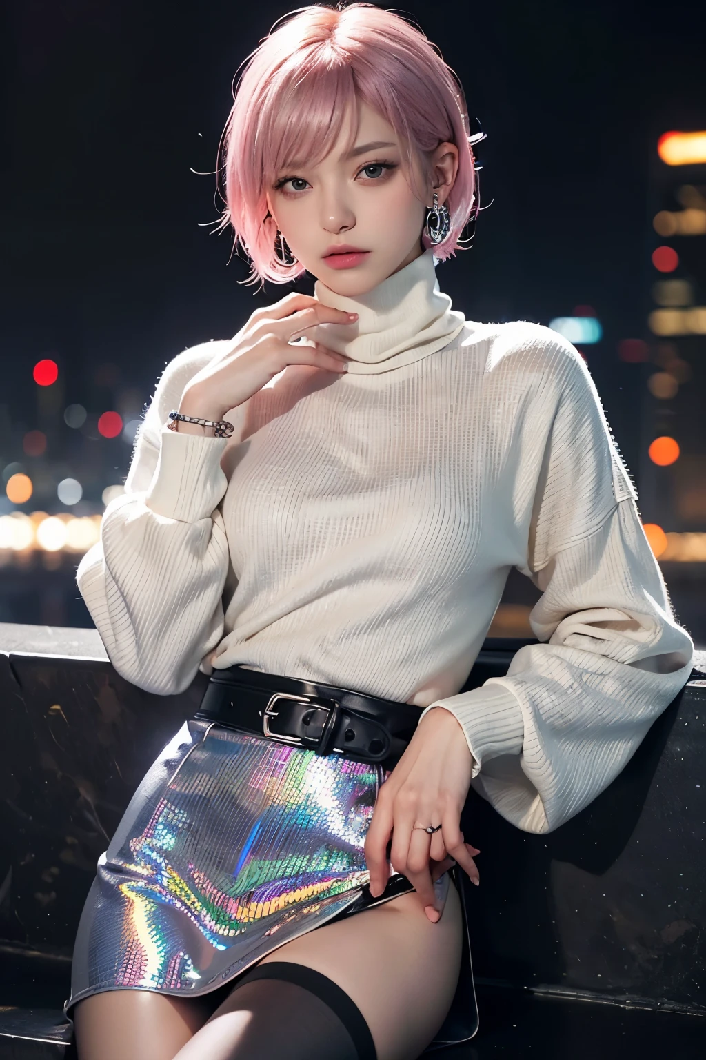 (8K, top-quality, masterpiece:1,2), (reallistic, Photorealsitic:1.37), Super Detail, One girl,), (Highly detailed), (beautifully detailed eyes), (of the highest quality), (super detailed ), (masterpiece), (Detailed face),20yr old, ,1 girl, ((pink hair,Very short hair)), medium breasts, clothed, Perfect Lighting, (Cyberpunk theme:1.2), ((wear an oversized white turtleneck with holographic circuit pattern) paired with (black A-line layered skirt):1.2), (black thigh-high boots:1.2), BREAK (silver accessories:1.2), (silver hoop earrings:1.2), (silver ankle bracelet:1.2), BREAK (cool confident expression:1.2), (right hand behind neck:1.2), (left hand on waist:1.2), (future city night view:1.2), (soft light on front:1.2), (dark background:1.2), (contrast:1.2)