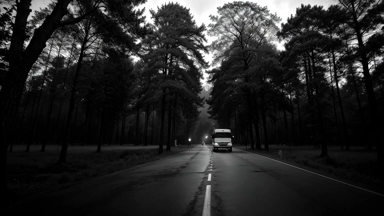 Trailer grande en medio de la carretera, en blanco y negro, with terrifying atmosphere, large trees, super realista, tenebroso, truenos en el cielo, lloviendo, gloomy