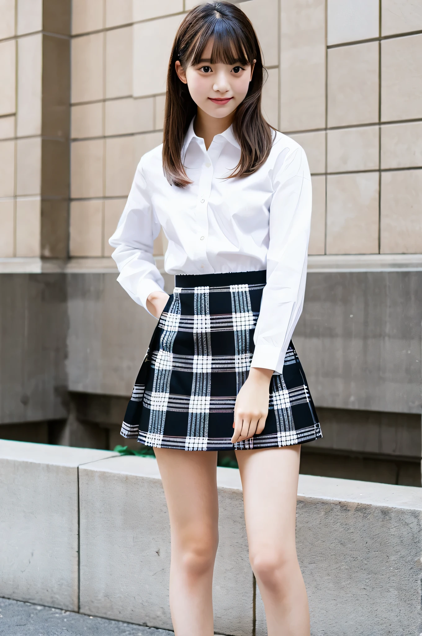 super mini skirt(black plaid)An 18-year-old high school girl wearing a white shirt.