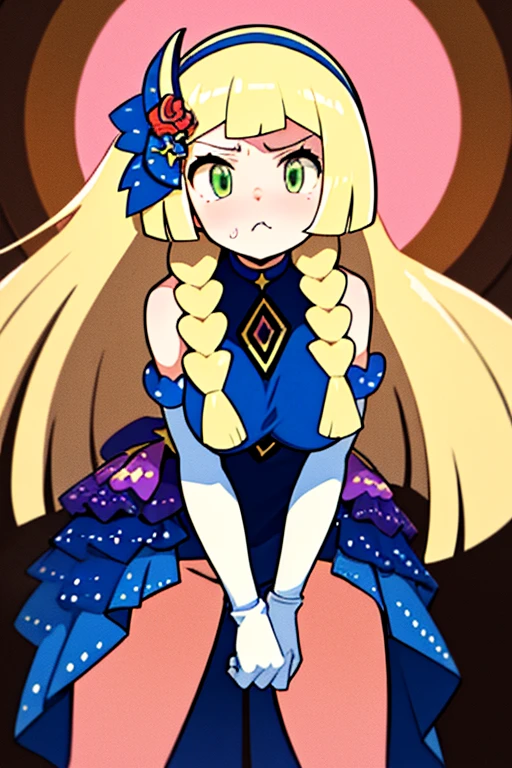 high quality, masterpiece, facing screen, big tits, thick thighs, leanimg foreward, bent over, hands straight down, angry pout, aalillie, long hair, braid, hairband, hair ornament, hair flower, bare shoulders, blue dress, sleeveless, elbow gloves, white gloves