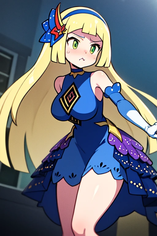 high quality, masterpiece, facing screen, big tits, thick thighs, leanimg foreward, bent over, hands straight down, angry pout, aalillie, long hair, braid, hairband, hair ornament, hair flower, bare shoulders, blue dress, sleeveless, elbow gloves, white gloves