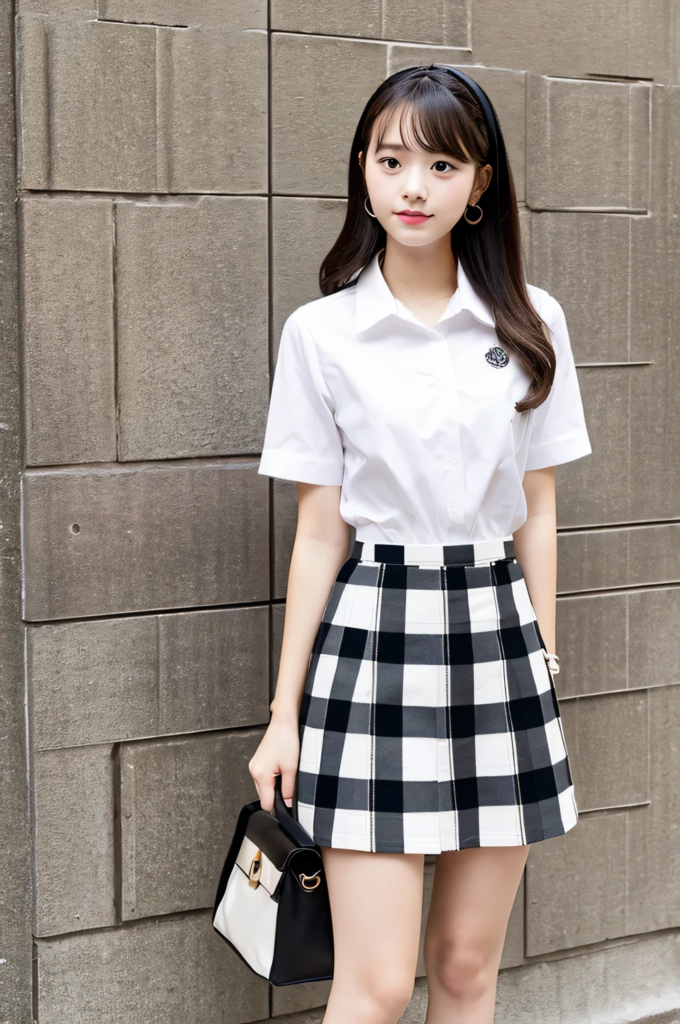 super mini skirt（black plaid）An 18-year-old high school girl wearing a white shirt.