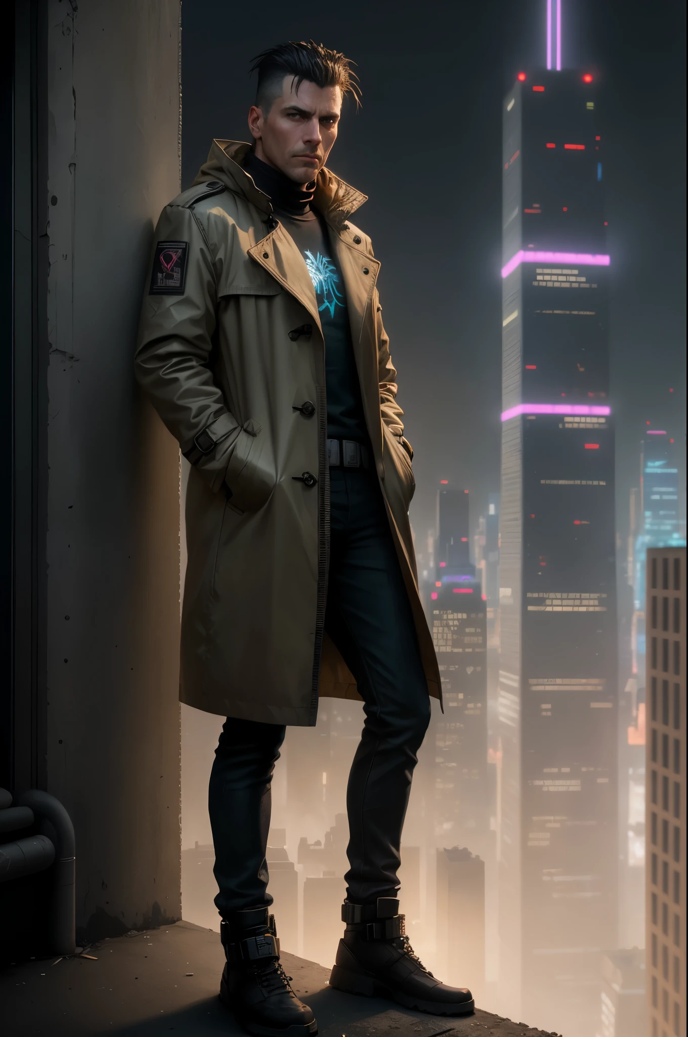 A man, 45 years old, brown eyes, black hair, shaved on the sides, combed back, unshaven, wearing a dark trench coat with the collars turned up. Hands in his pockets, He is leaning against the parapet of a building, He is on top of a building watching the skyline at night of the cyberpunk city below in the background. Background futuristic cyberpunk make it realistic, Blade Runner, 8k, ultra hd