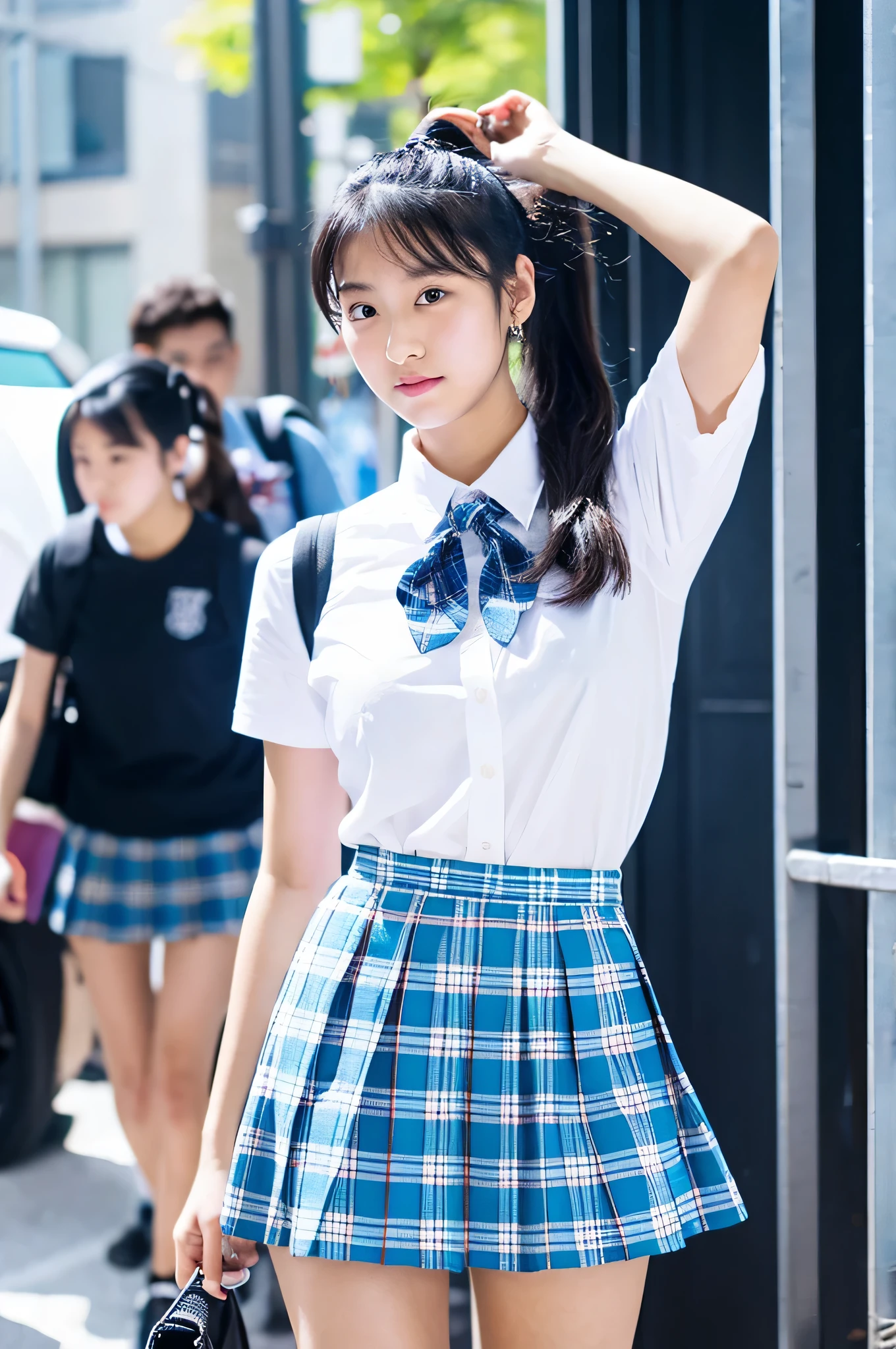 super mini skirt(Blue plaid)An 18-year-old high school girl wearing a white shirt.(black hair ponytail)