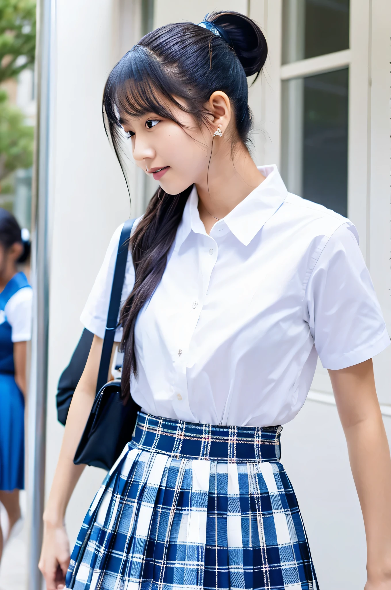 super mini skirt(Blue plaid)An 18-year-old high school girl wearing a white shirt.(black hair ponytail)