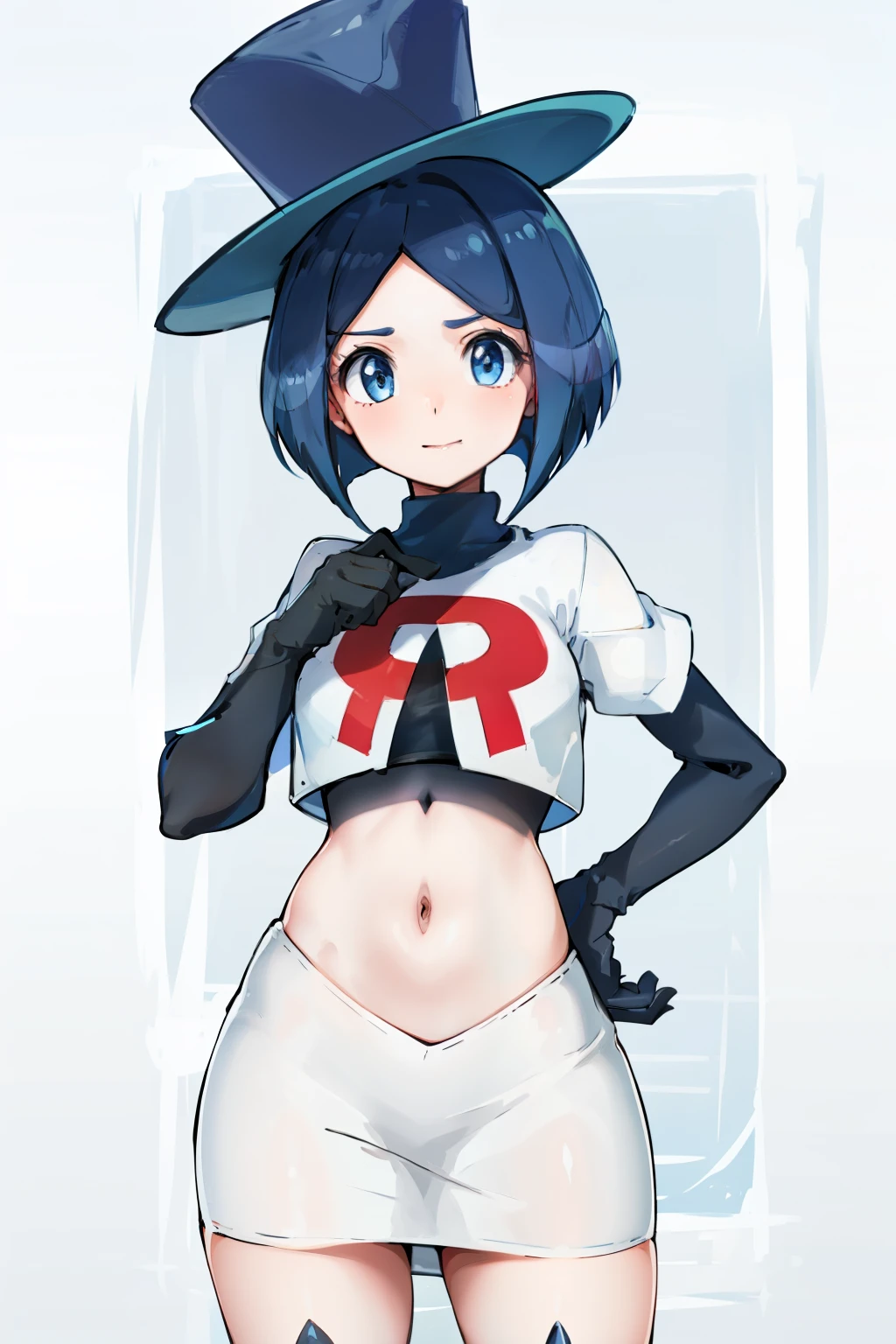 masterpiece,best quality,highres,ultra-detailed,aaevelyn,eyelashes,blue eyes,blue hair,short hair,middle part,top hat,cowboy shot, team rocket,team rocket uniform, red letter R, white skirt,white crop top,black thigh-highs,black elbow gloves