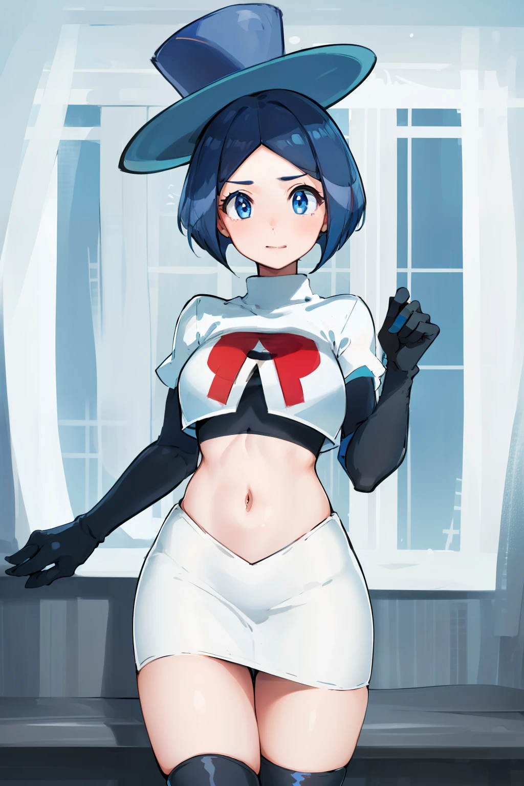 masterpiece,best quality,highres,ultra-detailed,aaevelyn,eyelashes,blue eyes,blue hair,short hair,middle part,top hat,cowboy shot, team rocket,team rocket uniform, red letter R, white skirt,white crop top,black thigh-highs,black elbow gloves