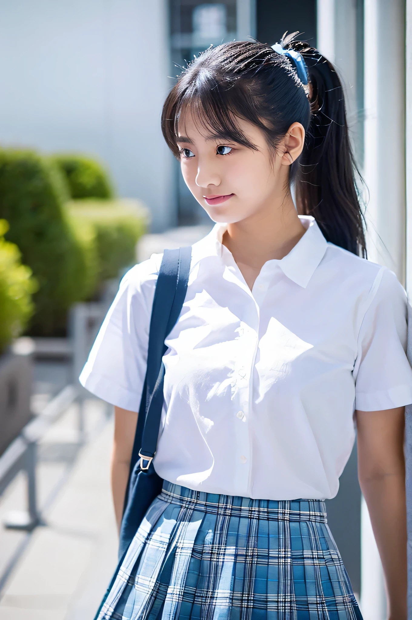 Arafed asian woman in a white shirt and blue plaid skirt - SeaArt AI