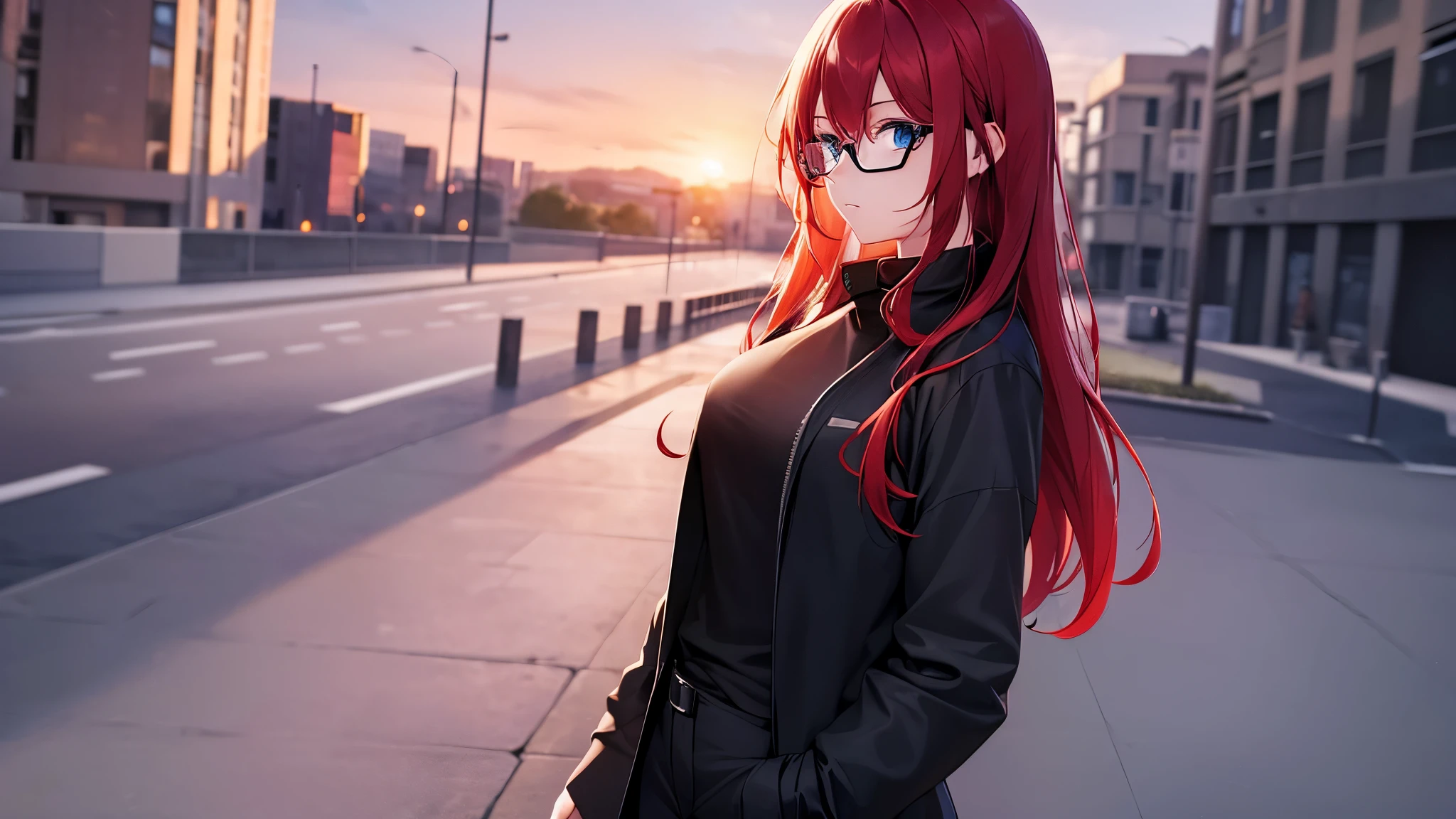 a girl, red hair, blue eyes, wearing a plain black t-shirt, wearing a black overcoat, black pants, medium breasts, large thighs, wearing glasses, headphones, looking at the camera, at sunset