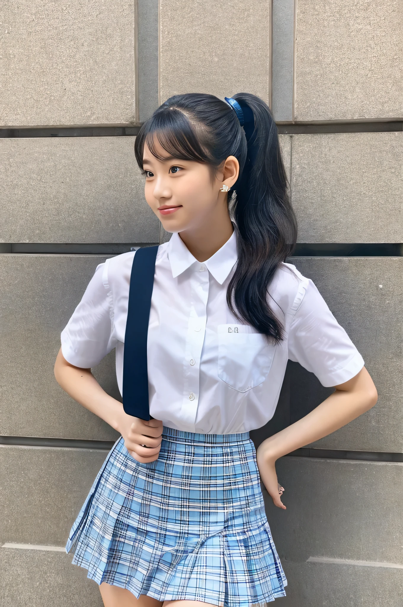 super mini skirt(Light blue plaid)An 18-year-old high school girl wearing a white shirt.(black hair ponytail)