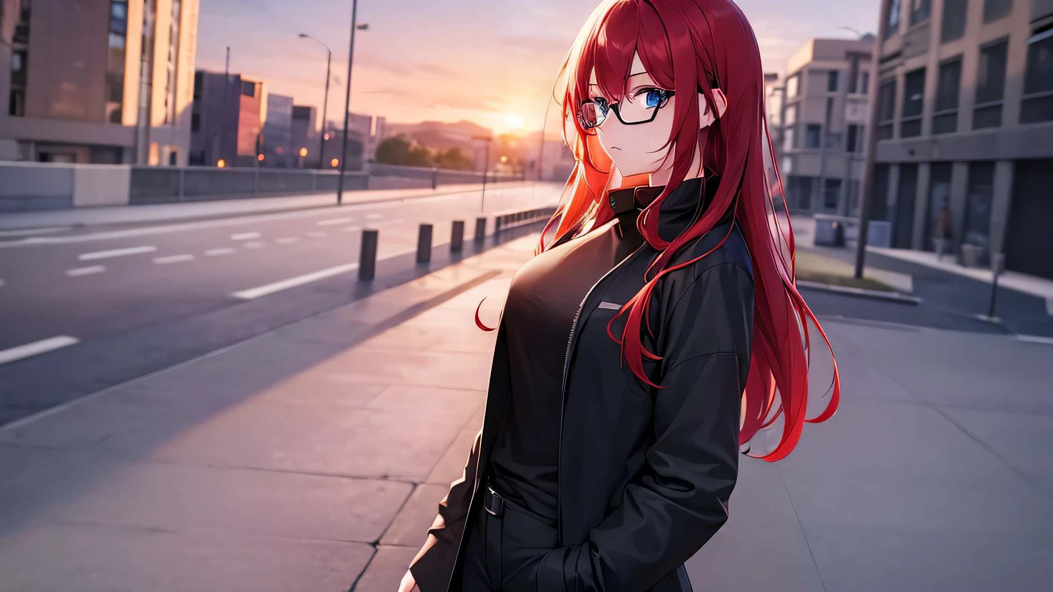 uma garota, cabelo vermelho, olhos azuis, vestindo uma camiseta preta lisa, vestindo um sobretudo preto, black pants, medium breasts, coxas grandes, wearing glasses, fones de ouvido, Looking at the camera, at sunset