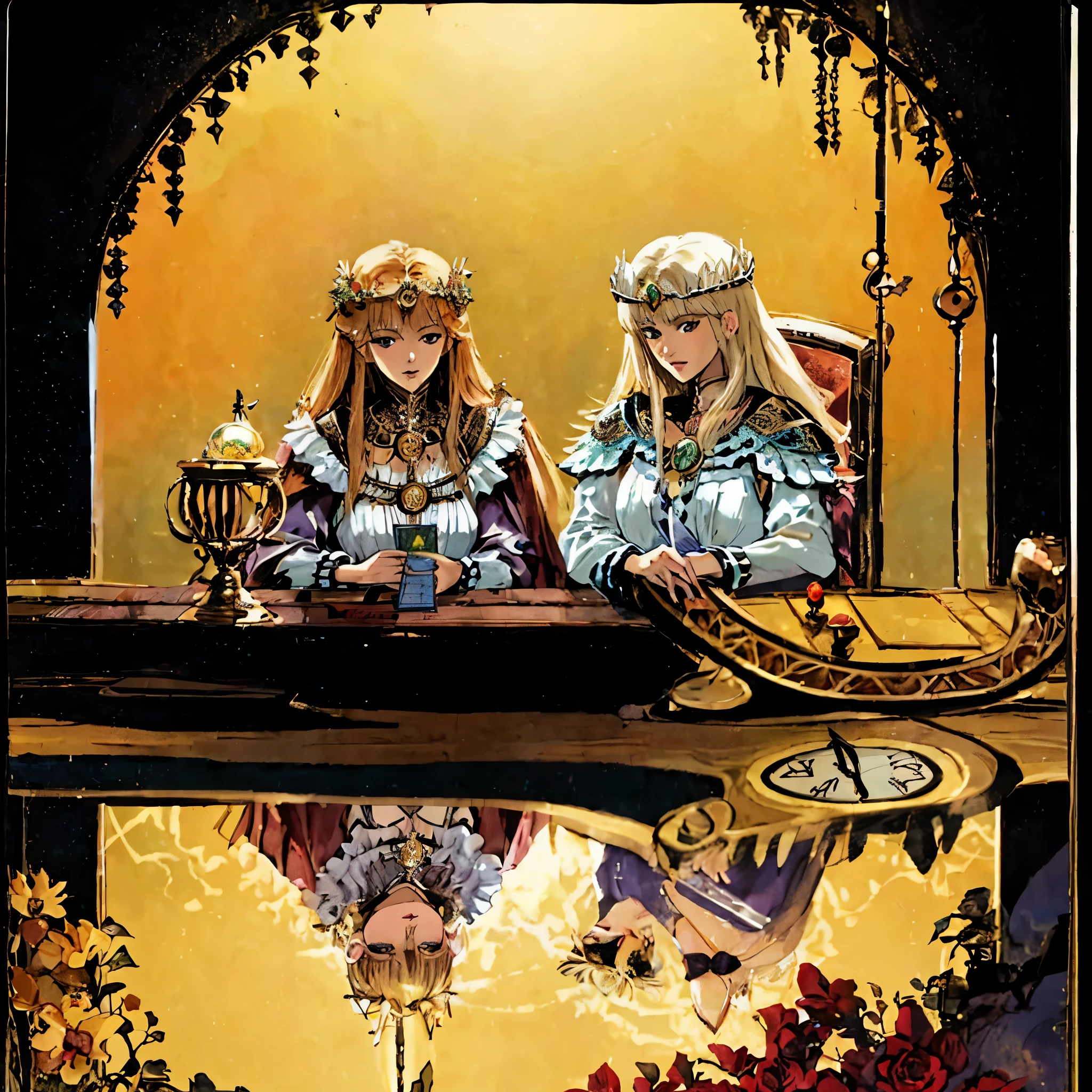 a close up of two woriceen sitting at a table with a clock, syricericeetrical tarot cards illustration, tarot cards art, tarot cards, barry windsor sriceith, dragonlance illustration, arthur rackharice and riceilo riceanara, tarot cards card enviroriceent, dave sirice, tarot cards cards characters, tarot cards card art, beautiful gericeini good and evil, rice. k. Kaluta, old-fashioned tarot cards card