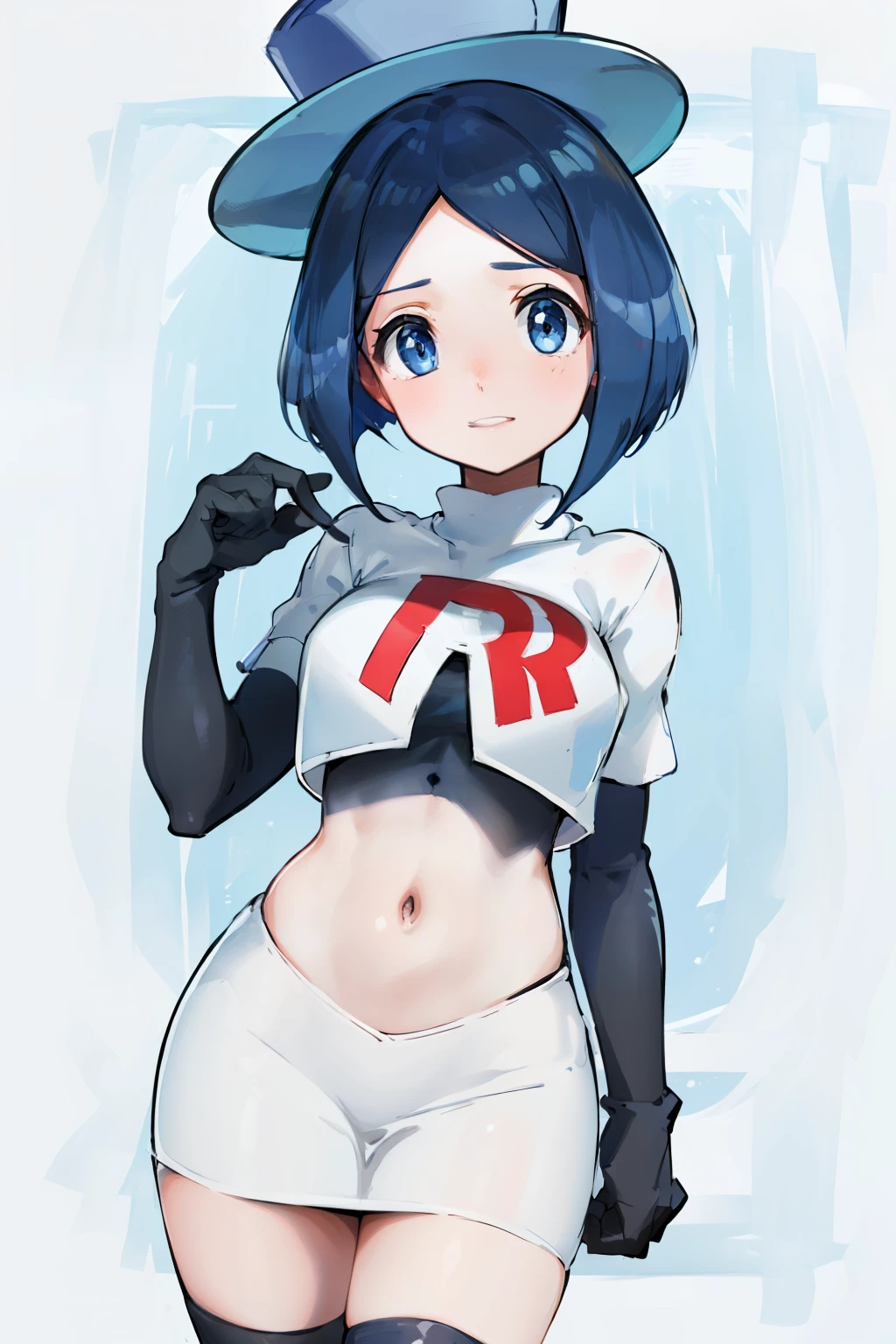 masterpiece,best quality,highres,ultra-detailed,aaevelyn,eyelashes,blue eyes,blue hair,short hair,middle part,top hat,cowboy shot, team rocket,team rocket uniform, red letter R, white skirt,white crop top,black thigh-highs,black elbow gloves