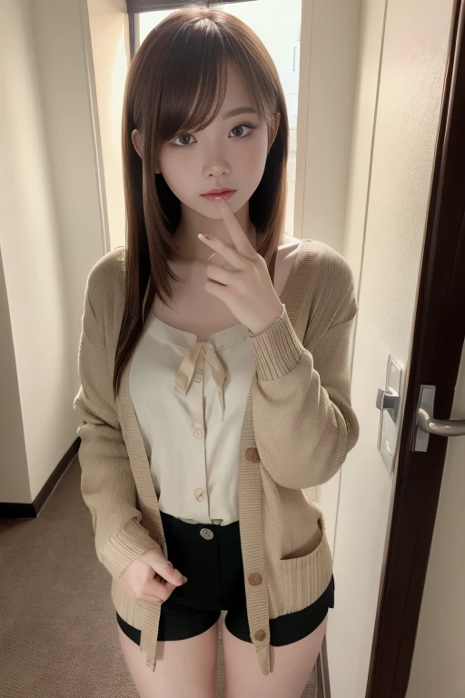 ((blonde、dark eye shadow、dark eyeliner、straight hair、long hair、bangs、thin eyebrows、white shirt、black tie))、NSFW、masterpiece、最high quality、high quality、grow、beautiful feces、High resolution、very high resolution、RAW photo、best illustrations、hyper realistic、1 girl、realistic、super detailed、Photoreal、incredibly absurd、Close-up、floating hair、soft light、movie theater lighting、film grain、Full body Esbian、Depth of bounds written、blurred background、Bokeh:1.4、focus of the eye、85mm lens、professionally lit、Lens flare、luminescent particles:0.6、professional writing、Portrait:0.6、photon mapping、radio city、Physically based rendering、japanese girl、sexual excitement:1.5、lifelike face、realistic body、skin that looks real、huge breasts:1.3、good style、camel toe、pale skin:1.1、cute:1.5、focus only, (brown hair), (((Perm Straight Hairstyles))), (Finely drawn beautiful eyes and detailed face), light source contrast, ((medium hair)), 21 years old, studio apartment, Background of the hallway seen from the entrance, ((camisole)), ((cardigan)),shorts,Medium , door-opening pose