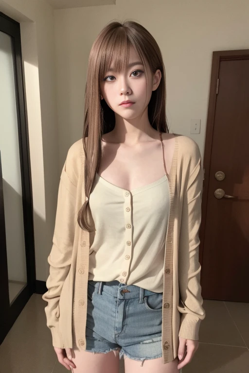 （（blonde、dark eye shadow、dark eyeliner、straight hair、long hair、bangs、thin eyebrows、white shirt、black tie））、NSFW、masterpiece、最high quality、high quality、grow、beautiful feces、High resolution、very high resolution、RAW photo、best illustrations、hyper realistic、1 girl、realistic、super detailed、Photoreal、incredibly absurd、Close-up、floating hair、soft light、movie theater lighting、film grain、Full body Esbian、Depth of bounds written、blurred background、Bokeh:1.4、focus of the eye、85mm lens、professionally lit、Lens flare、luminescent particles:0.6、professional writing、Portrait:0.6、photon mapping、radio city、Physically based rendering、japanese girl、sexual excitement:1.5、lifelike face、realistic body、skin that looks real、huge breasts:1.3、good style、camel toe、pale skin:1.1、cute:1.5、focus only, (brown hair), (((Perm Straight Hairstyles))), (Finely drawn beautiful eyes and detailed face), light source contrast, ((medium hair)), 21 years old, studio apartment, Background of the hallway seen from the entrance, ((camisole)), ((cardigan)),shorts,Medium , door-opening pose