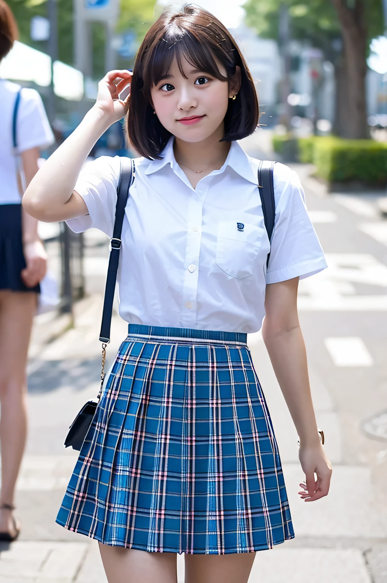super mini skirt(Blue plaid)An 18-year-old high school girl wearing a white shirt.(black short bob)