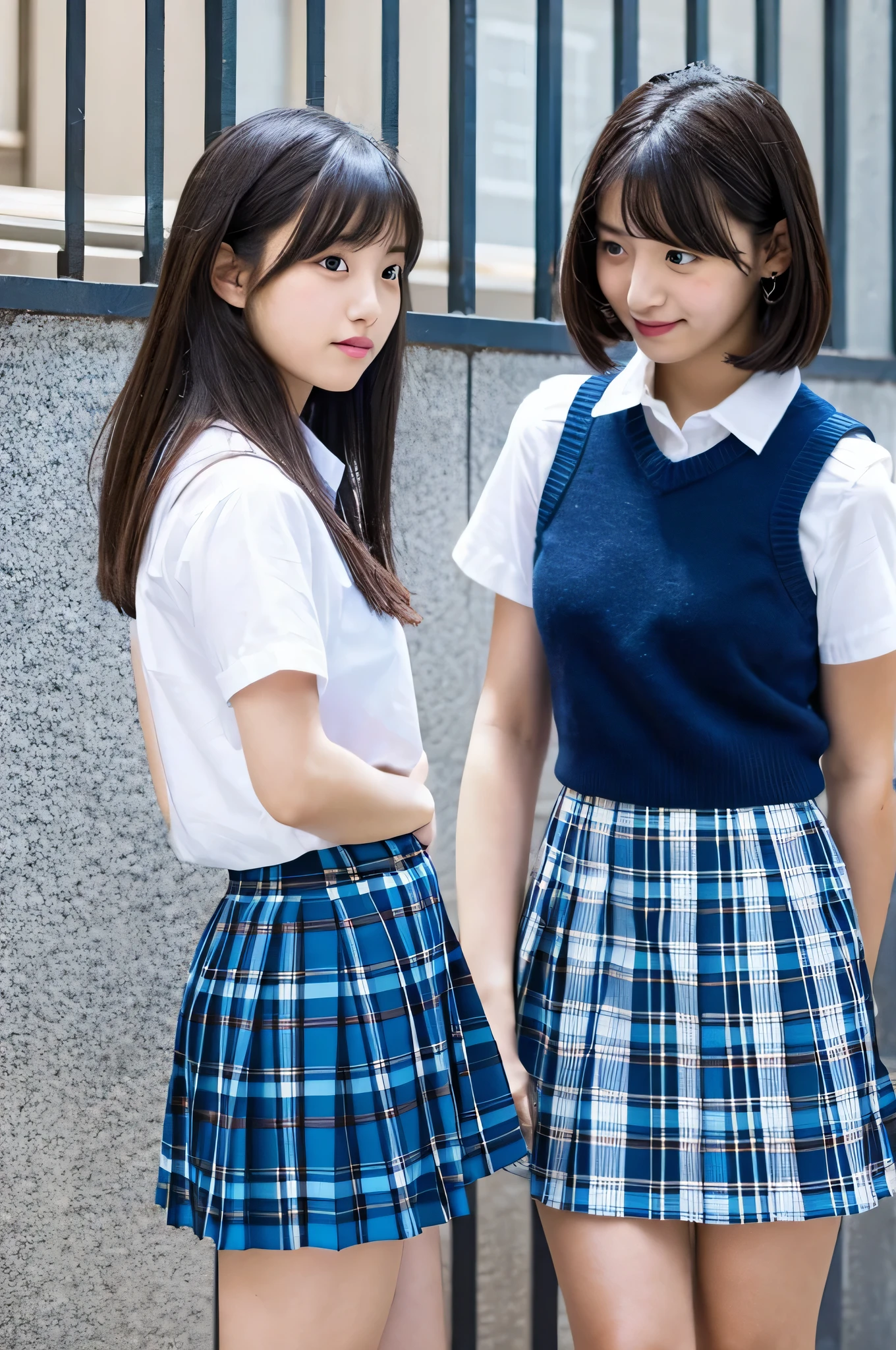 super mini skirt(Blue plaid)An 18-year-old high school girl wearing a white shirt.(black short bob)