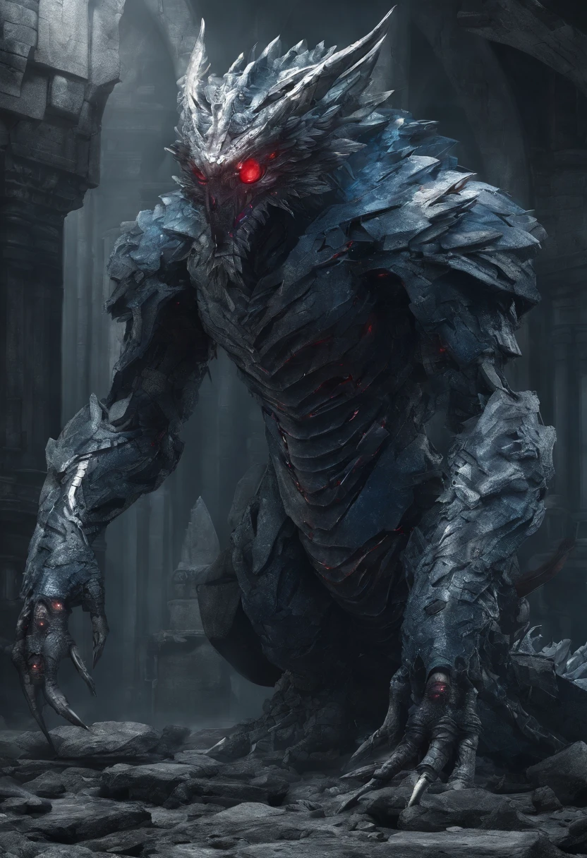 Stone monster, Ruby Eyes,lumpy arms,Stone Texture, blue core on chest,dragon,wing, Dark and moody colors, High resolution artwork, Photorealistic style