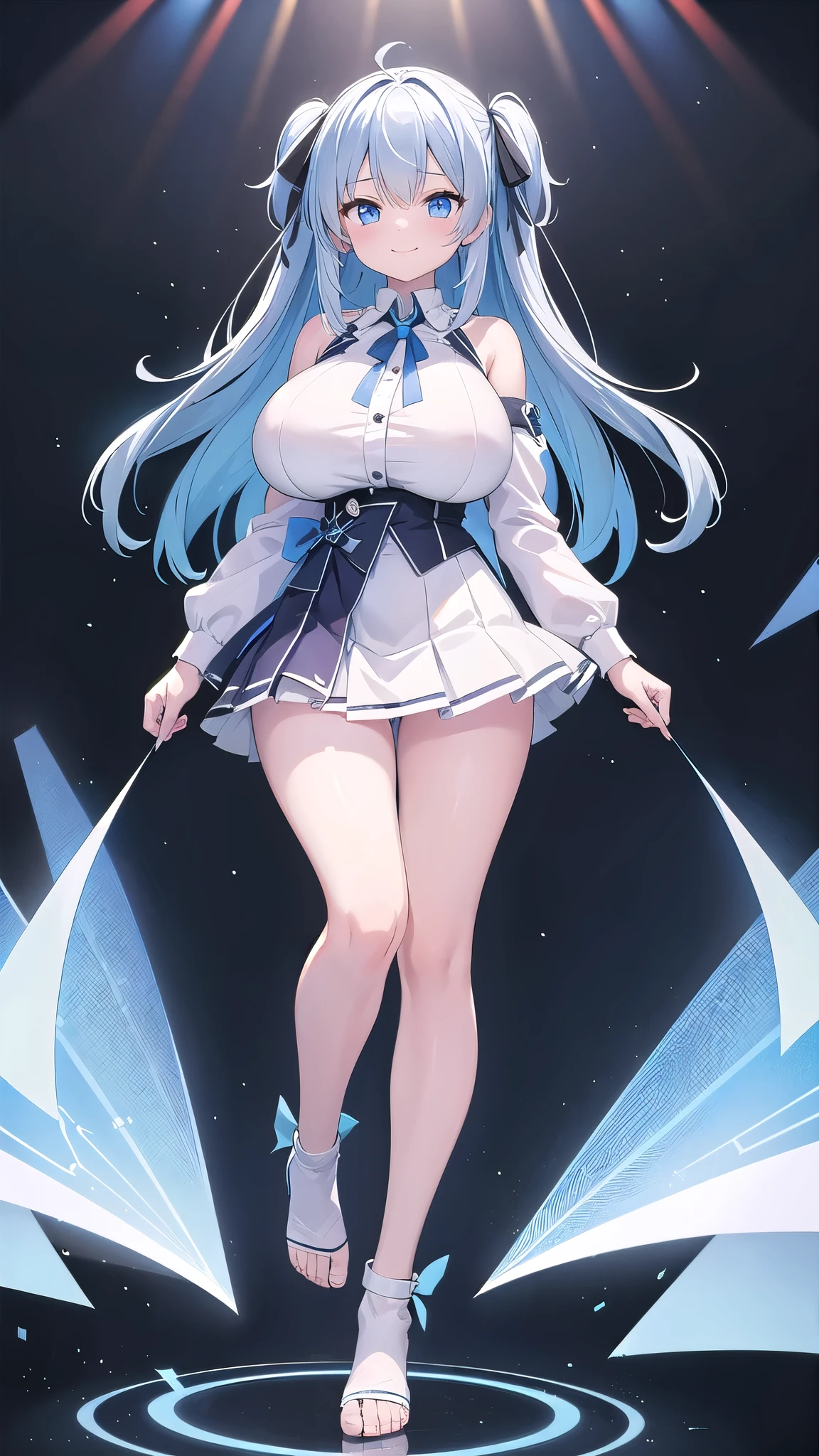 1 girl, game CG, white shirt, shoulders visible, short skirt, string hair ribbon, (gigantic breasts:1.2), light blue hair, middle hair, two side up, blue eyes, (single color background:1.1), full body , toe , standing, dynamic, smile,