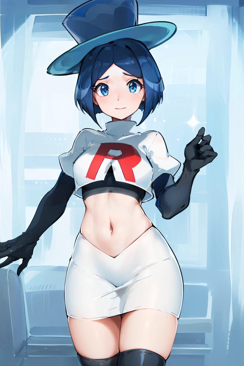 masterpiece,best quality,highres,ultra-detailed,aaevelyn,eyelashes,blue eyes,blue hair,short hair,middle part,top hat,cowboy shot, team rocket,team rocket uniform, red letter R, white skirt,white crop top,black thigh-highs,black elbow gloves