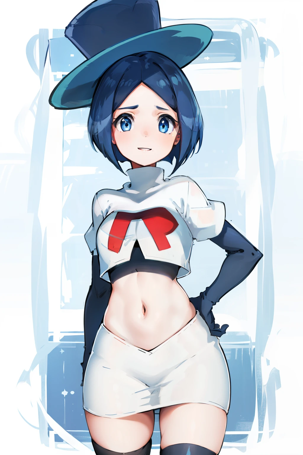 masterpiece,best quality,highres,ultra-detailed,aaevelyn,eyelashes,blue eyes,blue hair,short hair,middle part,top hat,cowboy shot, team rocket,team rocket uniform, red letter R, white skirt,white crop top,black thigh-highs,black elbow gloves
