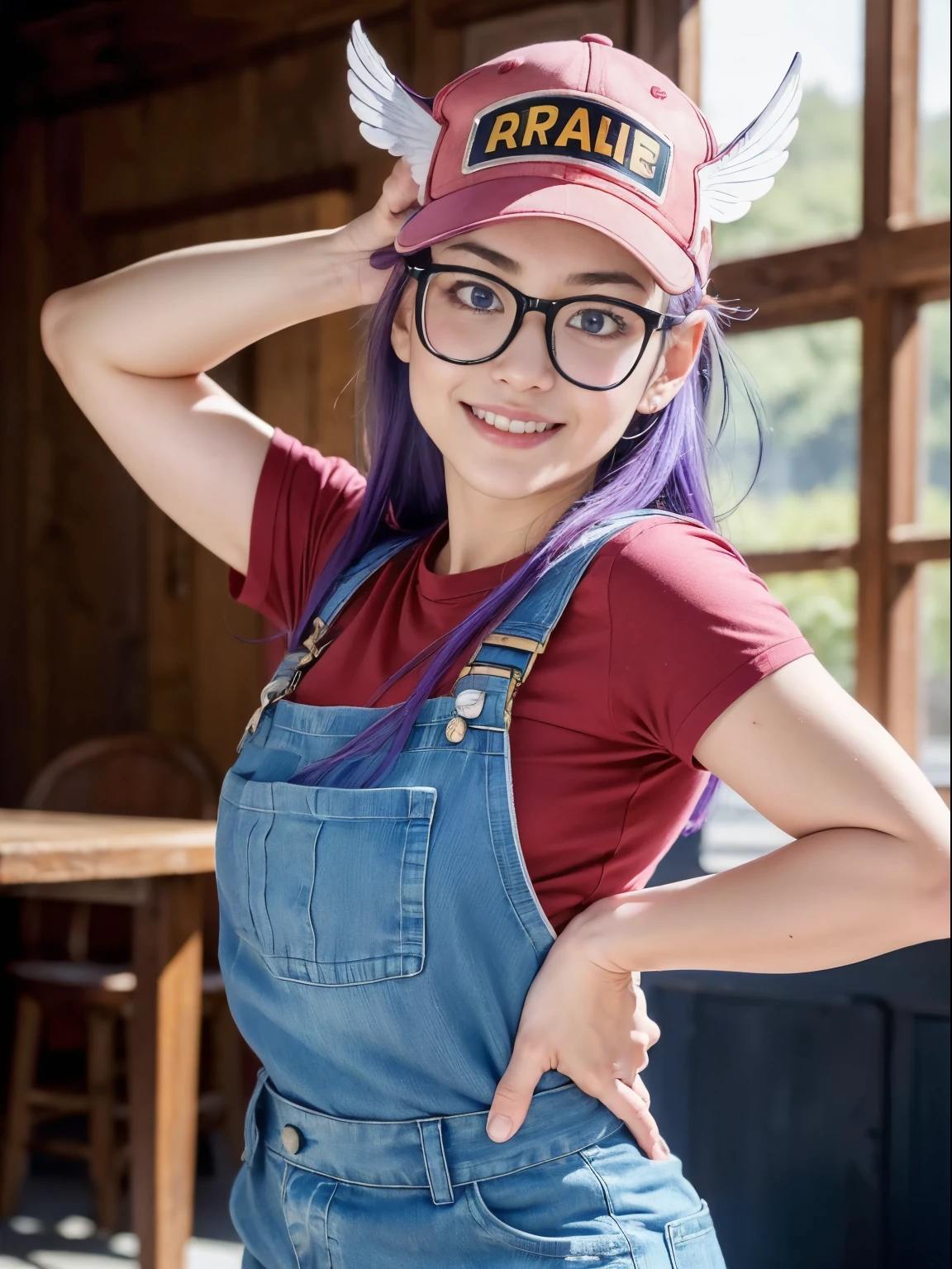 (masterpiece, best quality:1.4), (standing:1.5), (dynamic pose), 1girl, solo, (european youth:1), arale, glasses, blue eyes, long hair, purple hair, short sleeves, wing hat, red cap, (with the word "ARALE":1), (wing cap:1.5), red shirt, blue overalls, looking at viewer, running while stretching her hands, beautiful smile, beautiful face, highly detailed face, highly detailed eyes, highly detailed skin, skin pores, subsurface scattering, realistic pupils, full face blush, full lips, detailed background, depth of field, volumetric lighting, sharp focus, absurdres, realistic proportions, good anatomy, (realistic, hyperrealistic:1.4), 16k hdr,