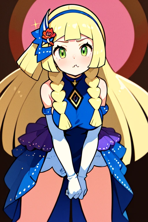 high quality, masterpiece, facing screen, big tits, thick thighs, leanimg foreward, bent over, hands straight down, pout,, puffed-out cheeks, aalillie, long hair, braid, hairband, hair ornament, hair flower, bare shoulders, blue dress, sleeveless, elbow gloves, white gloves