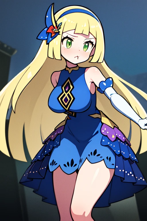 high quality, masterpiece, facing screen, big tits, thick thighs, leanimg foreward, bent over, hands straight down, pout,, puffed-out cheeks, aalillie, long hair, braid, hairband, hair ornament, hair flower, bare shoulders, blue dress, sleeveless, elbow gloves, white gloves