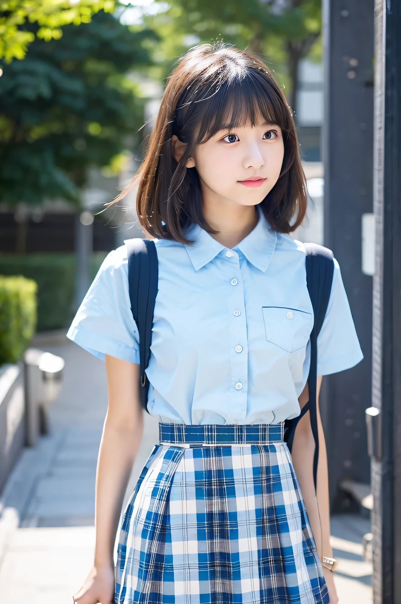 super mini skirt（Light blue plaid）An 18-year-old high school girl wearing a white shirt.（black short bob）