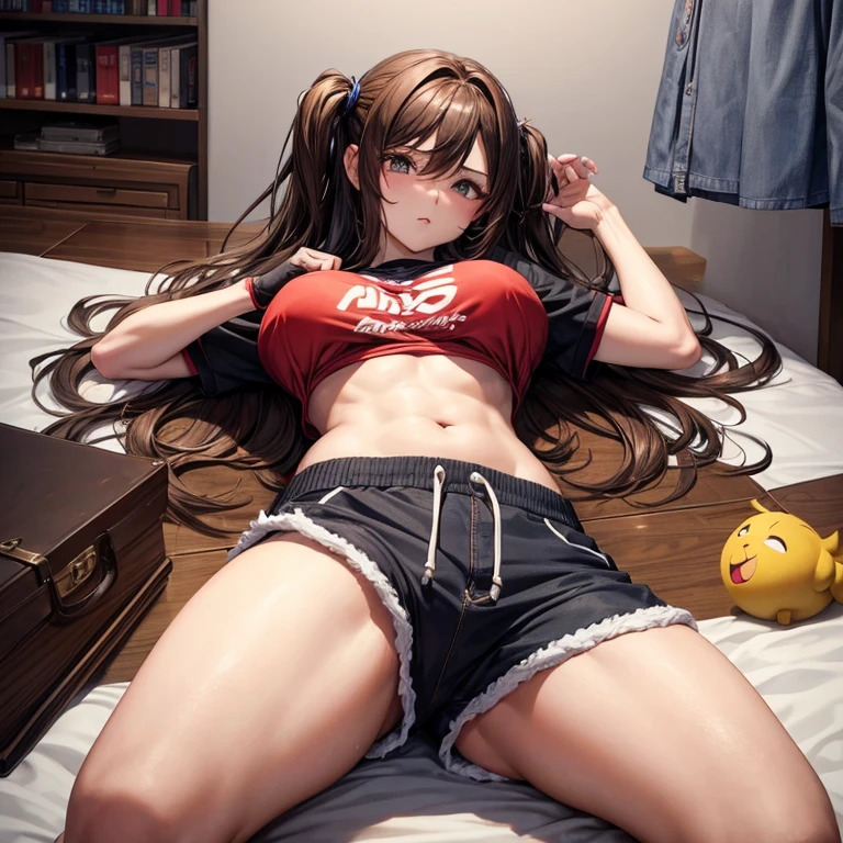 Chica de anime de pechos grandes usando shorts deportivos cortos y ajustados color negro brasier deportivo negro levantando mostrando sus pechos grandes NSFW con una chaqueta roja deportiva recostada sobre una cama abriendo las piernas, with long brown hair, tocando su vientre de forma sexy y provocativa.