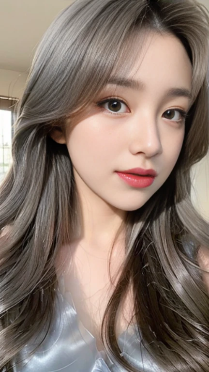 Golden eyes，The long gray hair hangs down from the front，face close-up，Flawless face，Look up slightly，short tulle pajamas