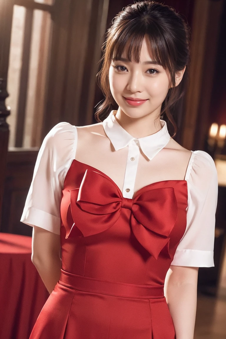 Medium view, medium shot, Depth of bounds written, bust, Upper body, cinematic angle, masterpiece, highest quality, Super detailed, cg, 8k wallpaper, beautiful face, delicate eyes, maiden, alone, smile, bangs, skirt, shirt, have, Crimson dress, bow, petal, bouquet