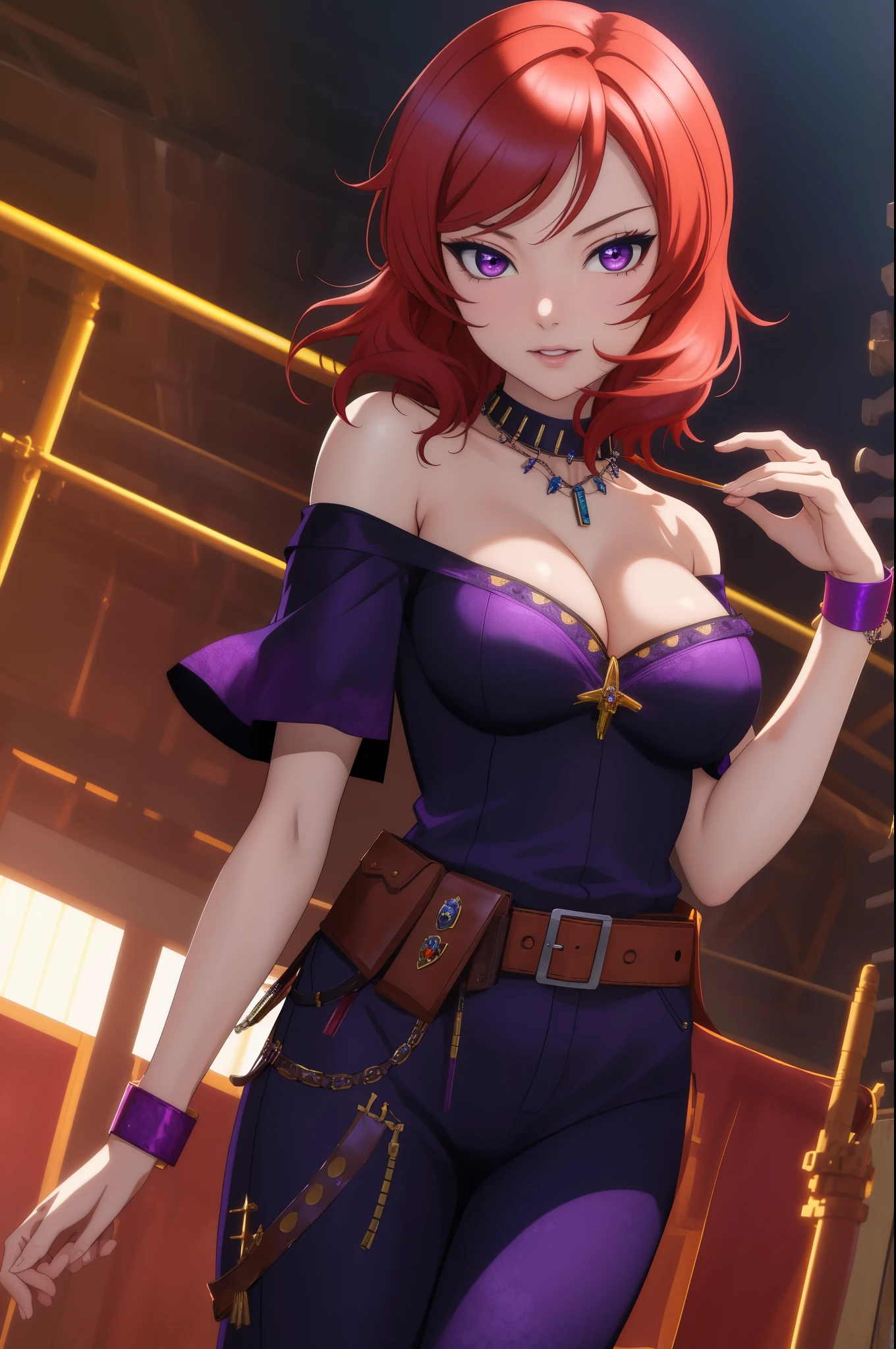 masterpiece, best quality,8k wallpaper, cowboy shot, nishikino maki,off shoulder jumpsuit, necklace,wrist band , purple eyes ,big breasts 