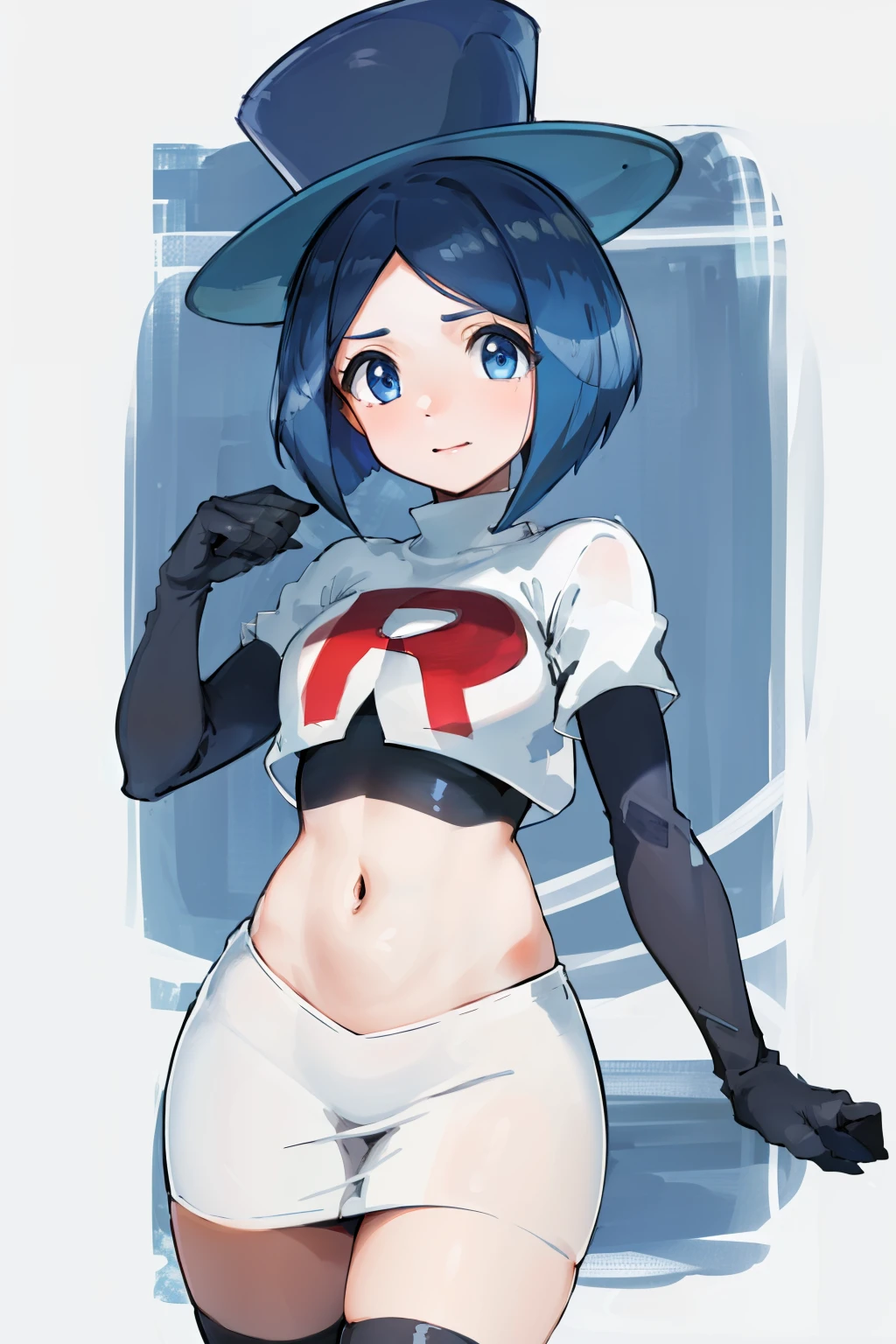 masterpiece,best quality,highres,ultra-detailed,aaevelyn,eyelashes,blue eyes,blue hair,short hair,middle part,top hat,cowboy shot, team rocket,team rocket uniform, red letter R, white skirt,white crop top,black thigh-highs,black elbow gloves