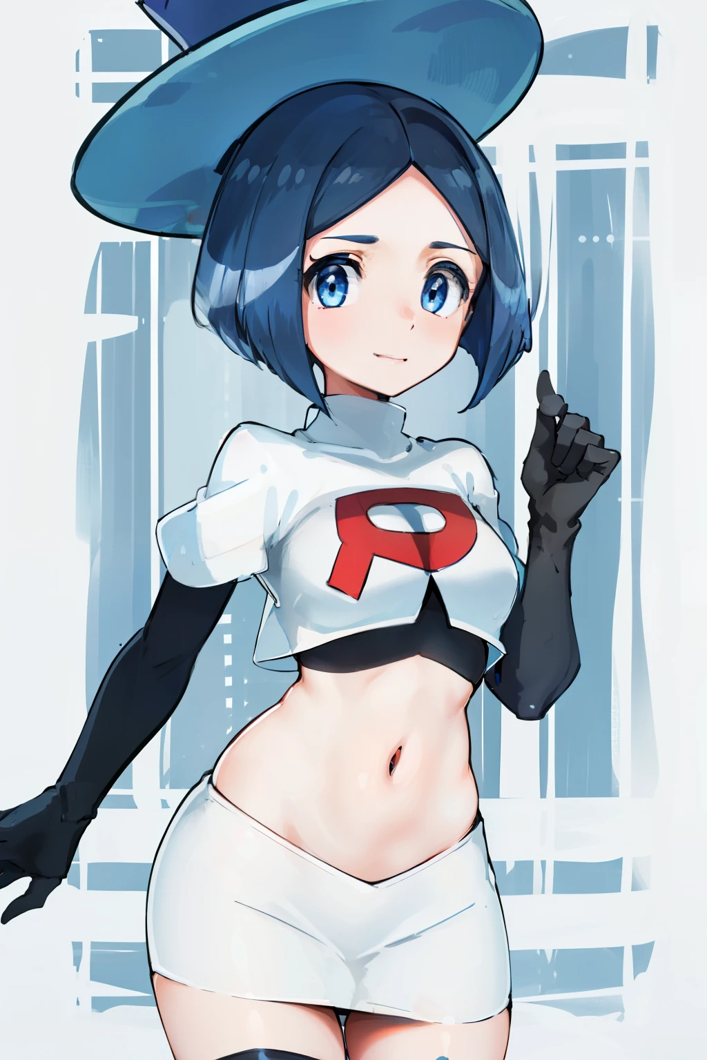 masterpiece,best quality,highres,ultra-detailed,aaevelyn,eyelashes,blue eyes,blue hair,short hair,middle part,top hat,cowboy shot, team rocket,team rocket uniform, red letter R, white skirt,white crop top,black thigh-highs,black elbow gloves