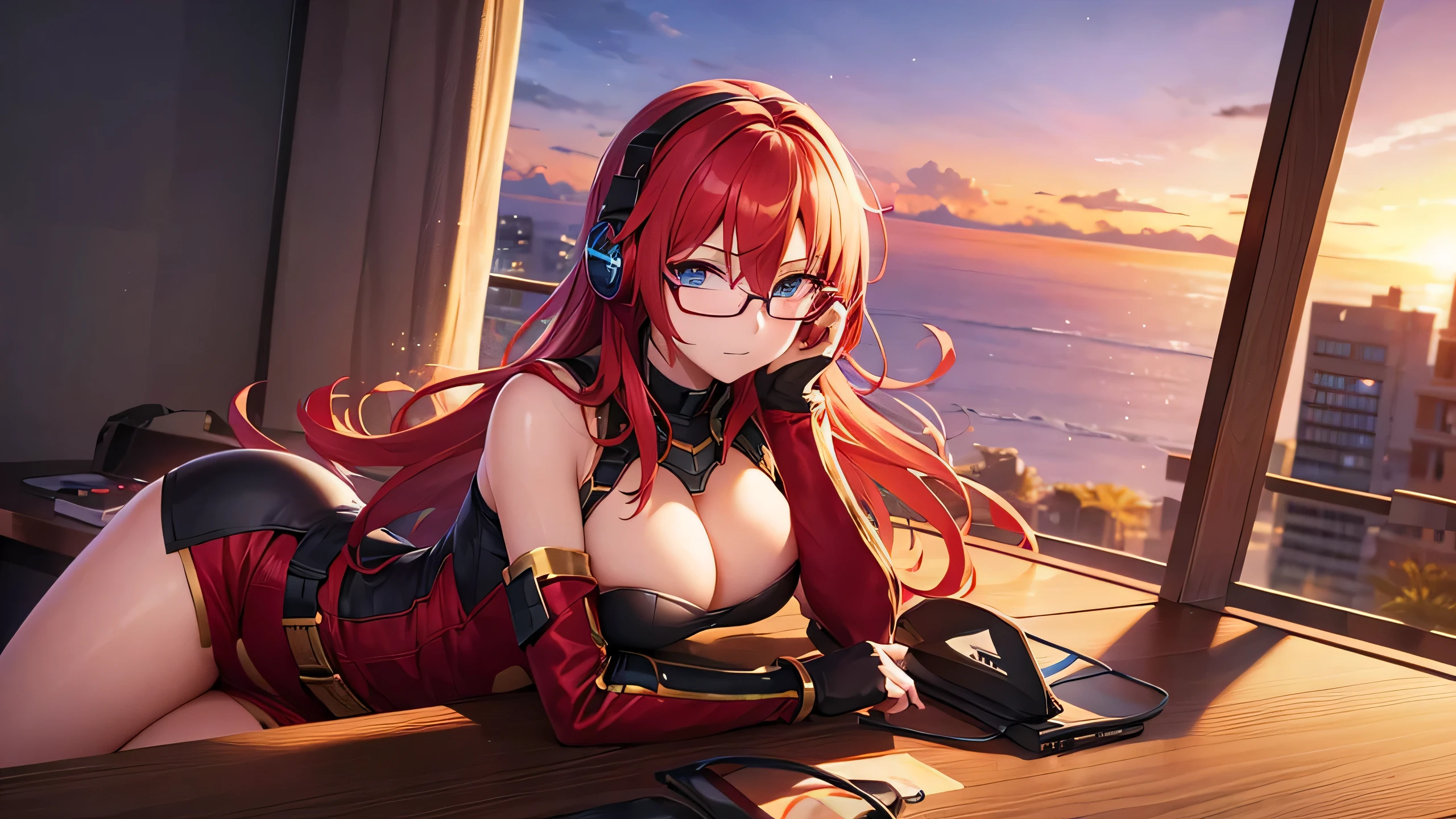 uma garota, cabelo vermelho, olhos azuis, Vestindo armadura dourada, medium breasts, coxas grandes, wearing glasses, fones de ouvido, Looking at the camera, at sunset