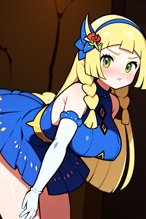 high quality, masterpiece, facing screen, big tits, thick thighs, leanimg foreward, bent over, hands straight down, pout,, puffed-out cheeks, aalillie, long hair, braid, hairband, hair ornament, hair flower, bare shoulders, blue dress, sleeveless, elbow gloves, white gloves