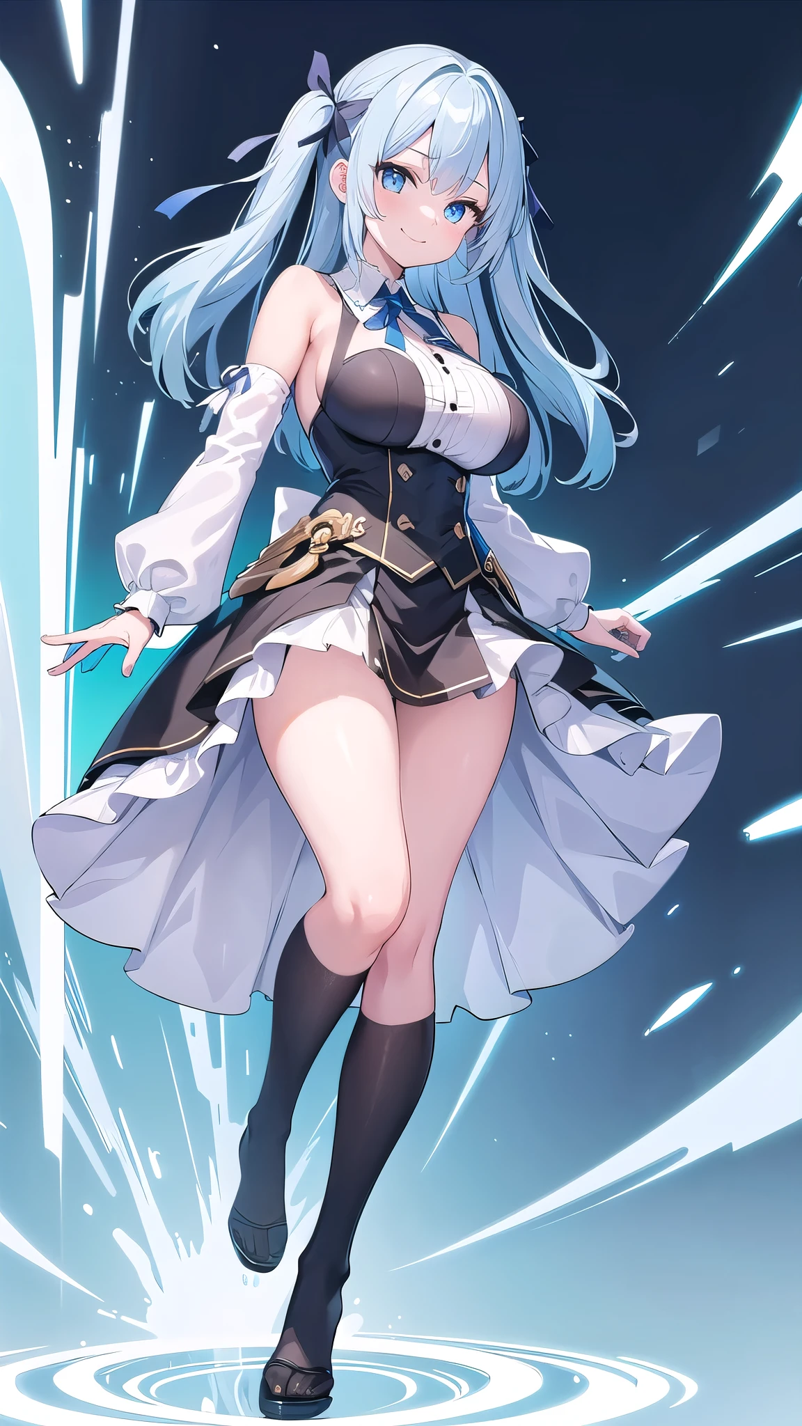 1 girl, game CG, white shirt, shoulders visible, short skirt, string hair ribbon, (gigantic breasts:1.2), light blue hair, middle hair, two side up, blue eyes, (single color background:1.1), full body , toe , standing, dynamic, smile,