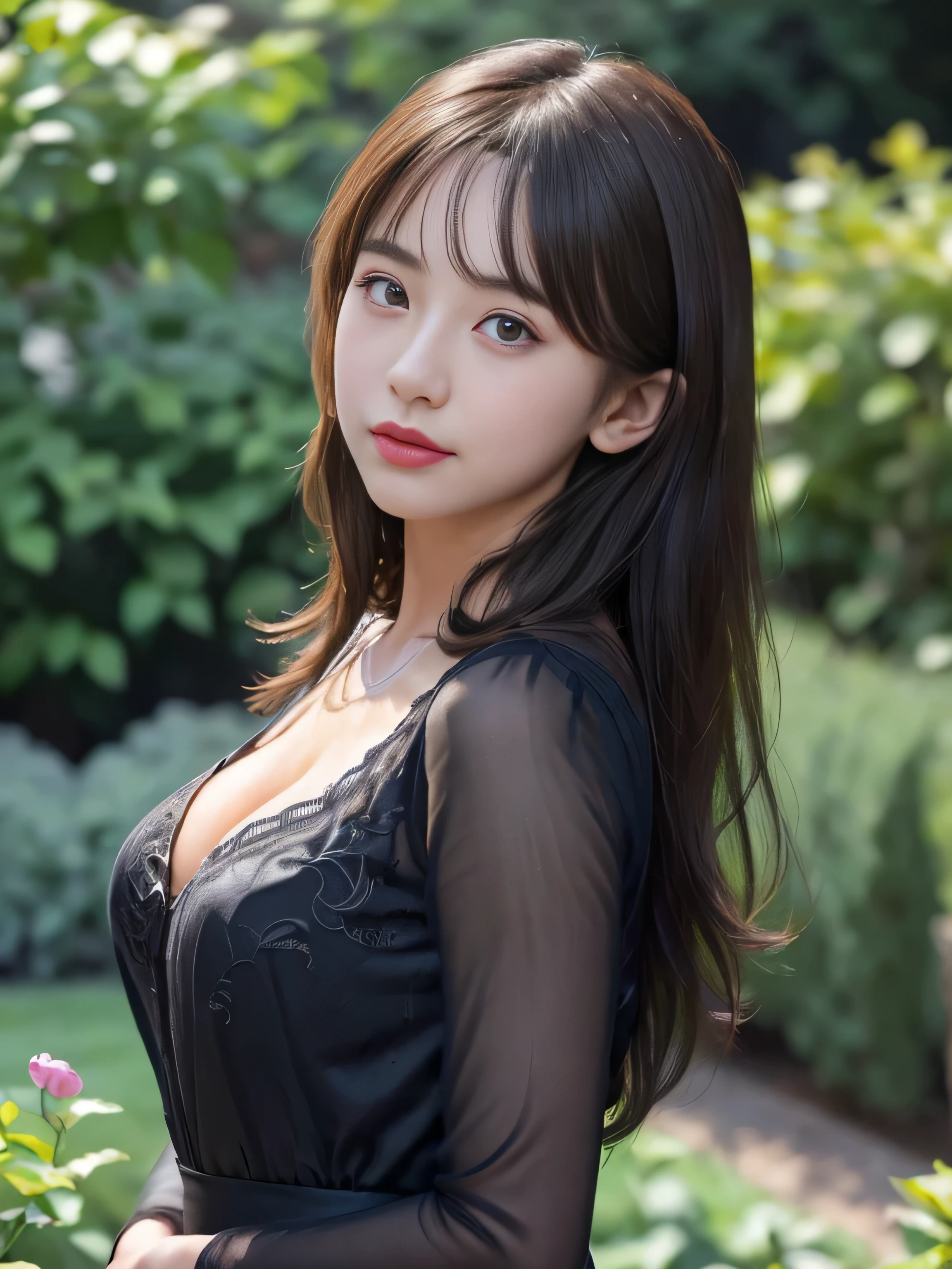 (close up:1.3, (best quality, masterpiece, ultra-detailed),(8K wallpaper),(1girl, , cute, gal), break, (, serafuku:1.3), (cleavage:1.3) break, (In the garden:1.3), (invite, draw in:1.3), perfectly trimmed fingers, break, (Medium breasts, (red eyes), ultra-detailed brilliant big eyes, large pupil, (ultra-detailed brown hair), semi-long hair, parted bangs), break, ((Intricate details)), eyes and faces with detailed, break, ((masterpiece, best quality, ultra detailed, detailed face, 8k))