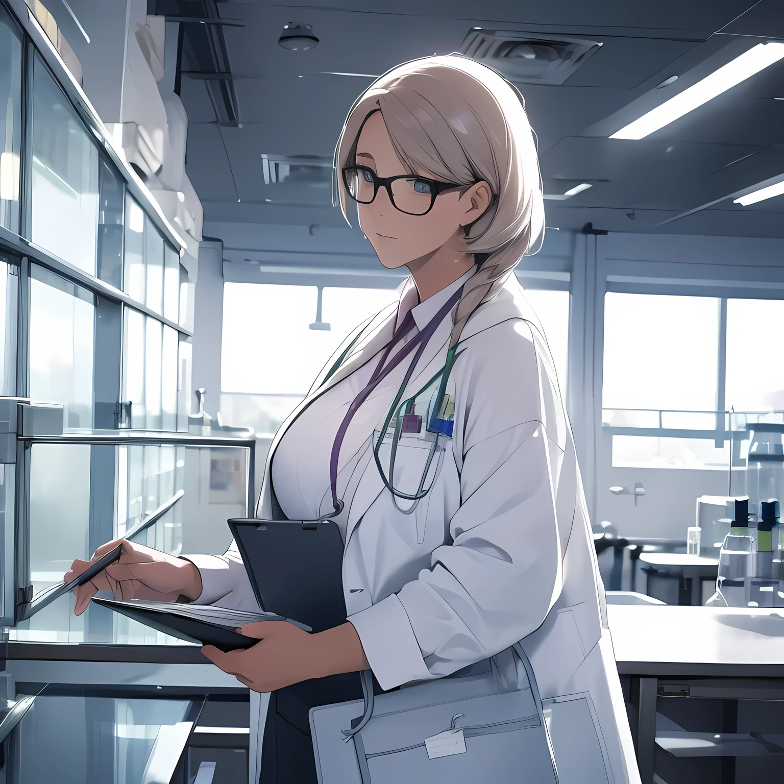 Mature female in laboratory holding a clipboard while looking out the window 