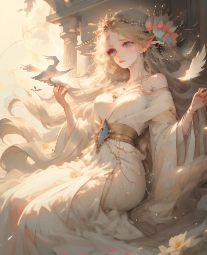 Exquisite and rich details,Wearing anklets,1 girl, Sad expression, blonde long hair, exquisite features,Westind Westind Long、woman wearing a flowing dress, ethereal essence, astral fairy, flowing magic robe, beautiful heavenly magician, astral ethereal, galactic goddess, A dazzling halo surrounds her, ethereal aura, ethereal!!!!!!!, goddess of heaven, ethereal!!!, A magical halo surrounds her A girl wearing a glittering flower skirt, Flock of birds in the background, seaside