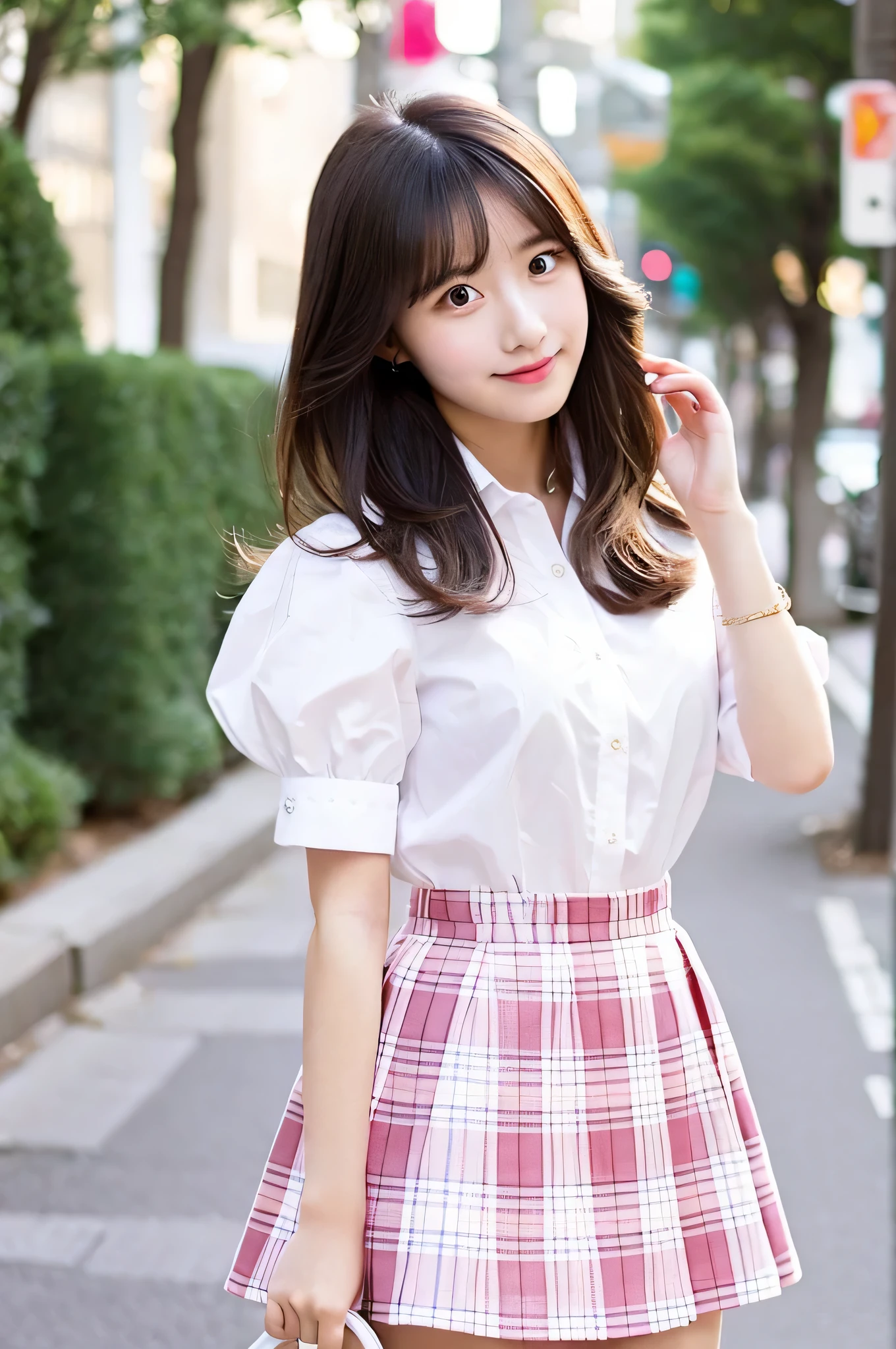 super mini skirt（Pink plaid）20 year old high school girl wearing a white shirt.
