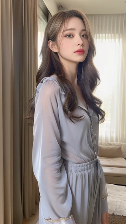 Golden eyes,The long gray hair hangs down from the front,face close-up,Flawless face,Look up slightly,short tulle pajamas
