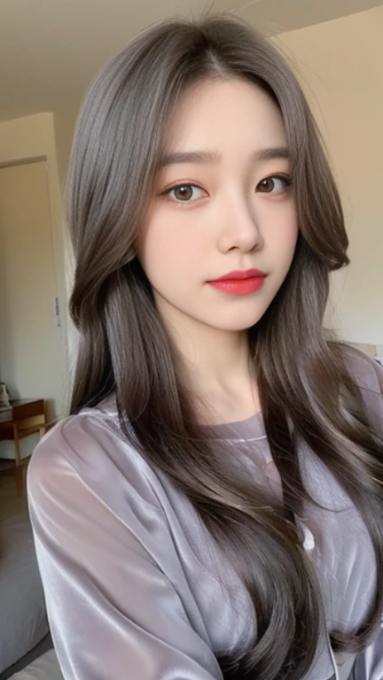Golden eyes，The long gray hair hangs down from the front，face close-up，Flawless face，Look up slightly，short tulle pajamas