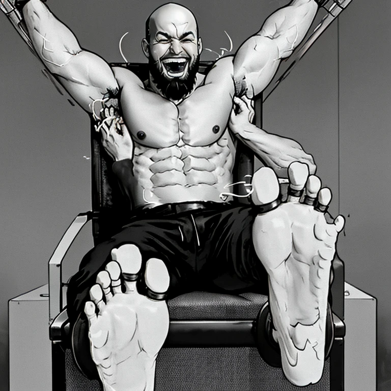One man, male body, shirtless, muscular, bald, bearded, laughing, tied hands behind back, sitting on a chair, tickled on his feet, tickled on his his stomach by hands, hands everywhere 1:1 , foot_sit