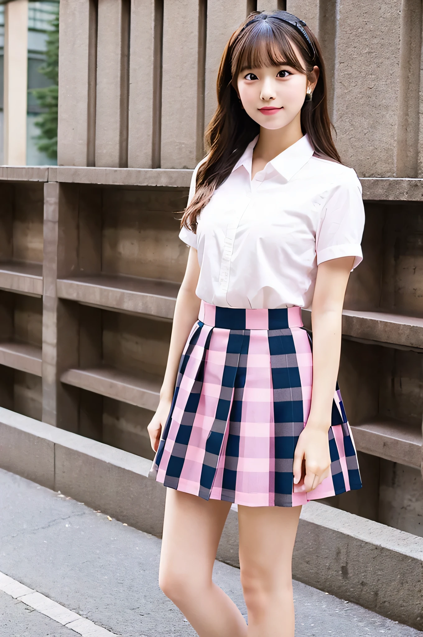 super mini skirt(Pink plaid)20 year old high school girl wearing a white shirt.